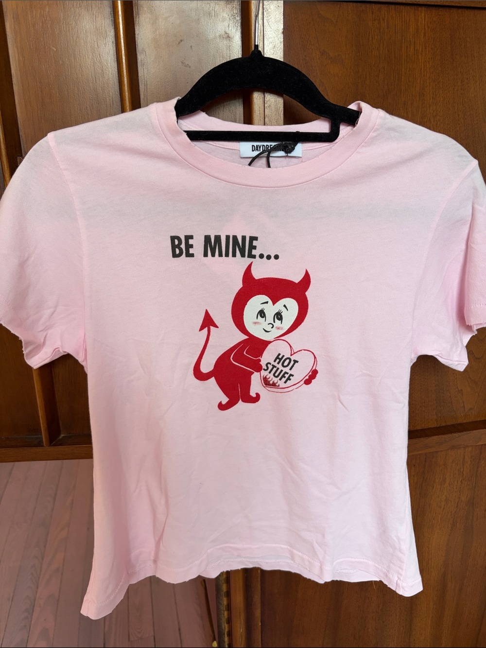 Daydreamer Pink Graphic Tee with Red Devil 'Hot Stuff' Heart Large (fits S-M)